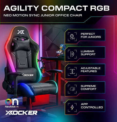 X rocker Agility Compact RGB office chair with features listed on a colorful background