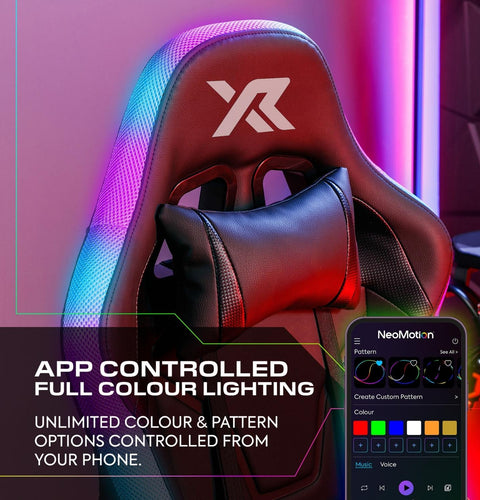 Gaming chair with RGB lighting and app control features on a purple background
