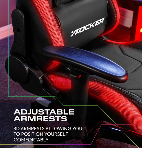 Red and black gaming chair with adjustable armrests featuring X rocker branding.