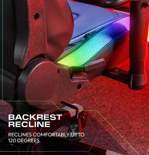 Gaming chair with RGB lighting and recline feature text overlay
