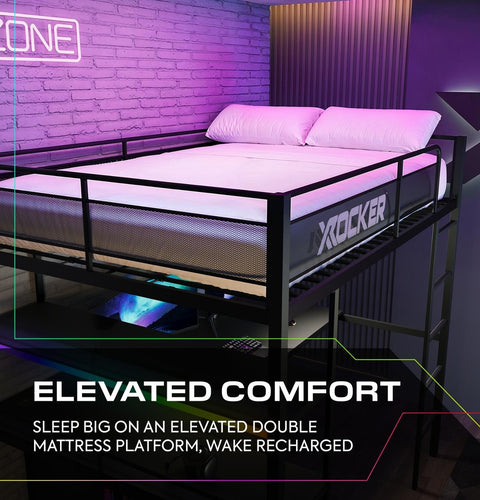 Elevated mattress platform with X rocker branding in a room with purple lighting.