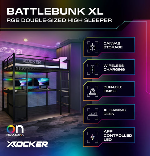 Gaming room setup with Battlebunk XL RGB double-sized high sleeper, featuring X rocker and NeoMotion logos.