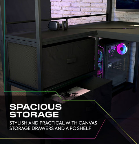 Modern office desk with storage drawers and a PC shelf, featuring text about spacious storage.