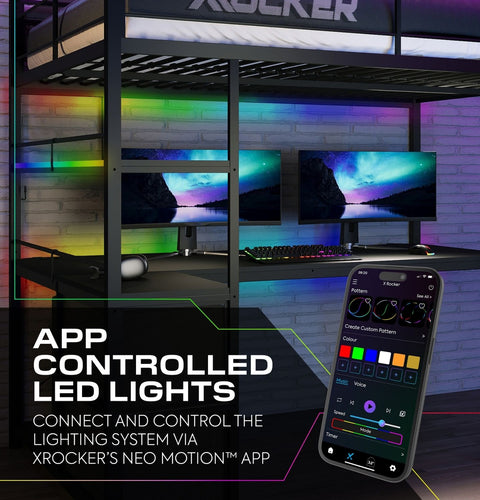 Gaming setup with app-controlled LED lights and X rocker branding.