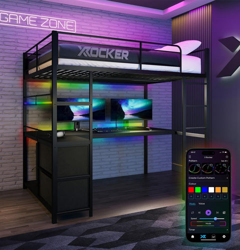 Gaming desk with loft bed and neon lights in a room labeled 'Game Zone'.