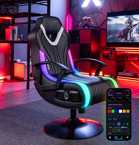 Gaming chair with RGB lighting and smartphone app control in a gaming room setup.