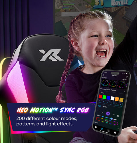 Gaming chair with RGB lighting and a smartphone app interface, child using the chair.